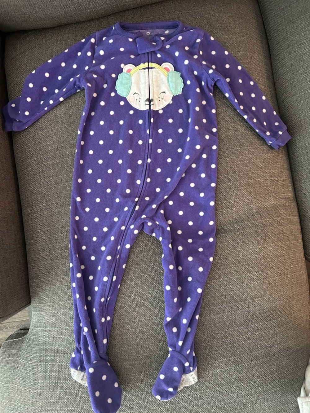 Carter's Purple Polka Dot Footed One-Piece with Bear Patch